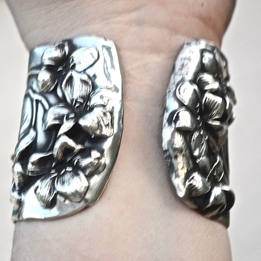 Antique Art Nouveau Sterling Silver Cuff 925 Wide Lady Face Gibson Girl Floral - Picture 6 of 8